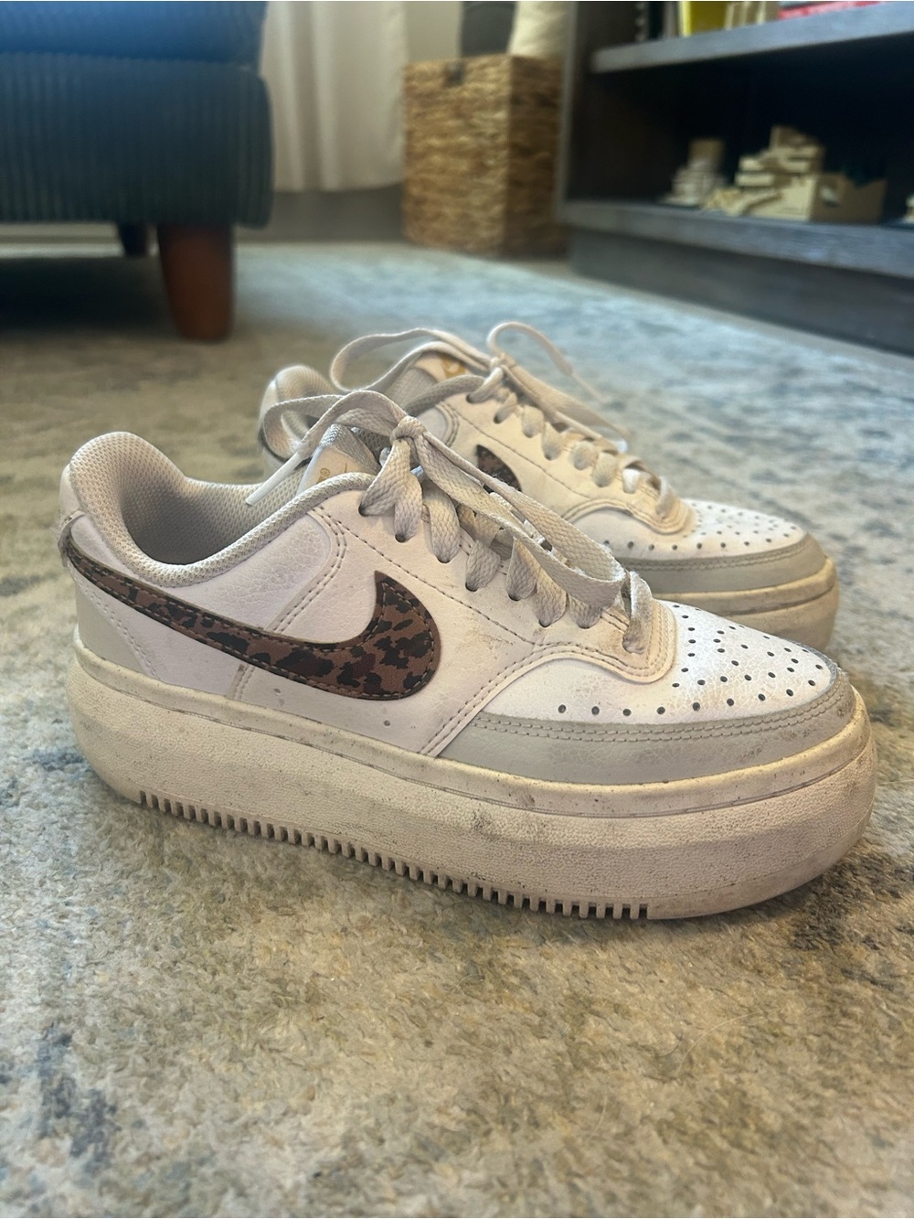 Nike White Platform Sneakers with Leopard Print Swoosh
